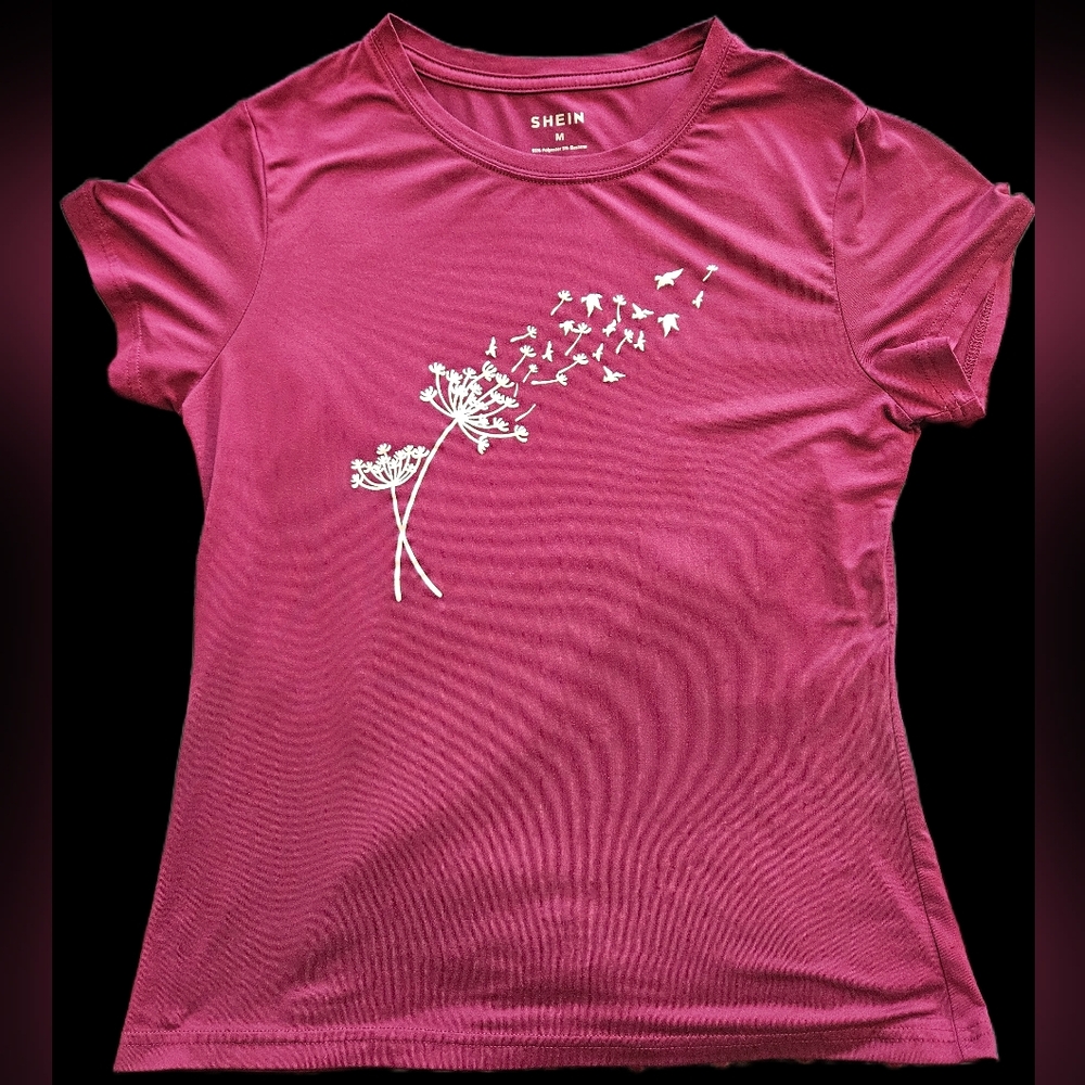 SHEIN Maroon Short Sleeve Tee with White Floral Design